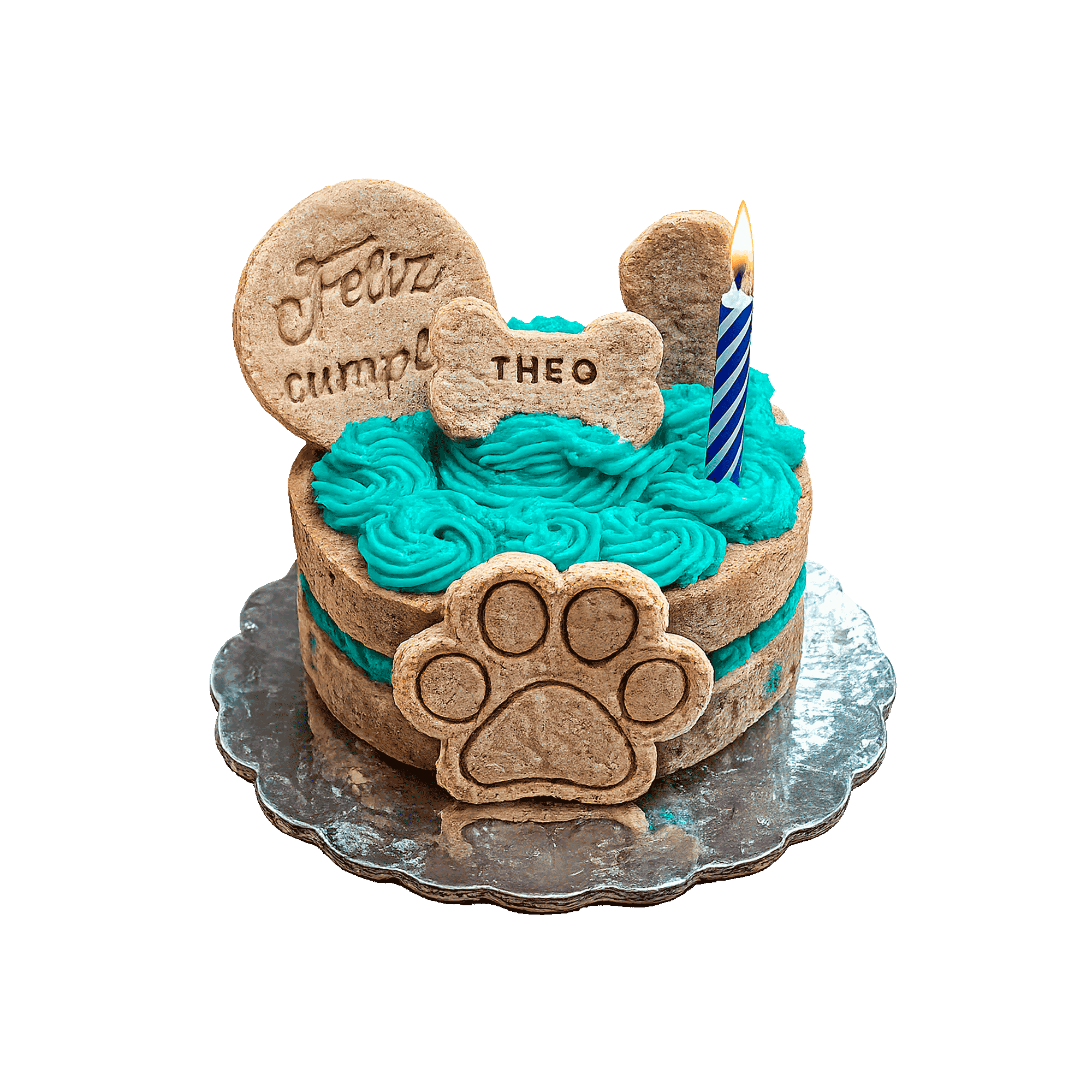 Mini queque para perros en Costa Rica con frosting azul y galletas artesanales ÑomÑom