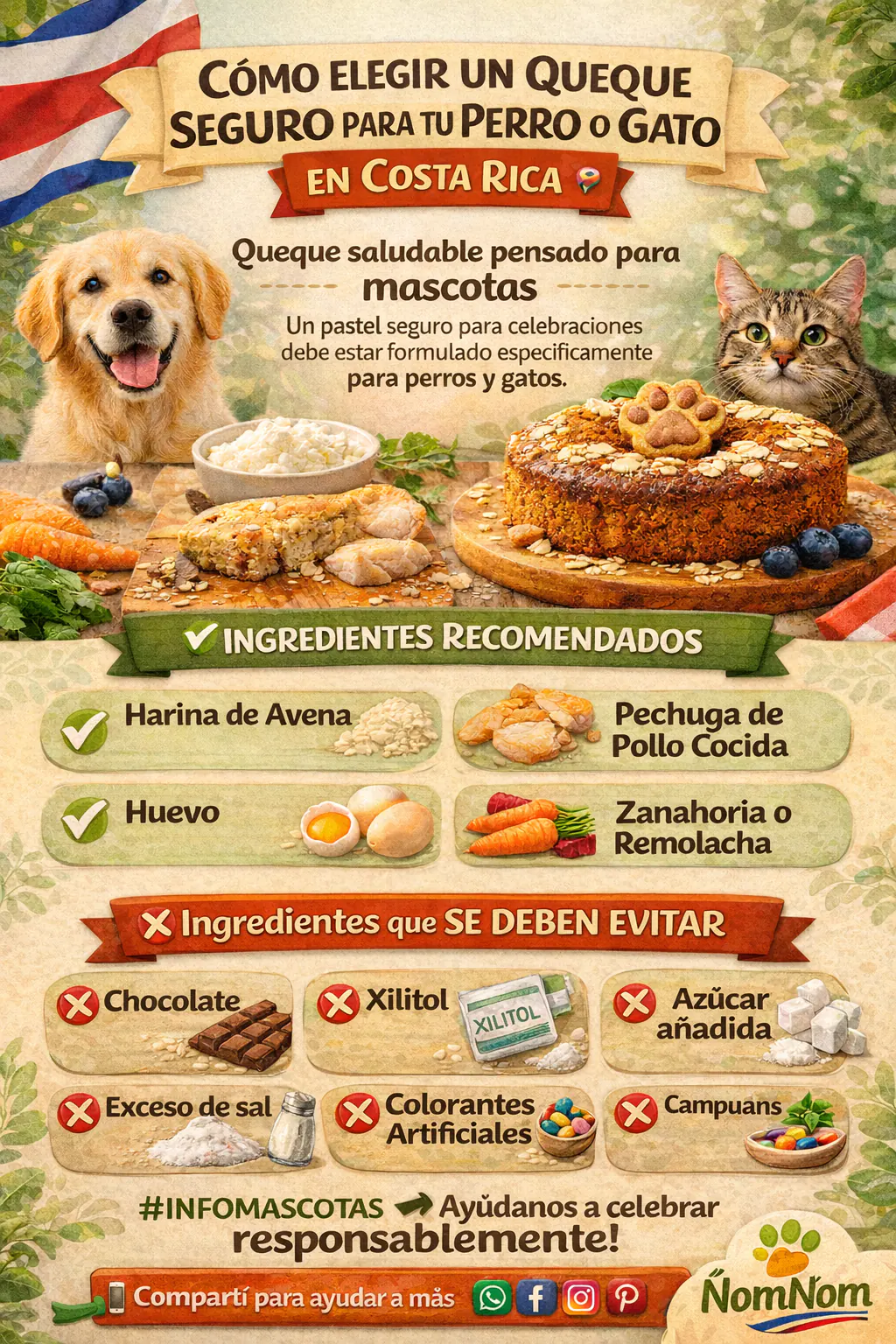 Infográfico: cómo elegir un queque seguro para tu perro o gato en Costa Rica — ingredientes recomendados y los que se deben evitar