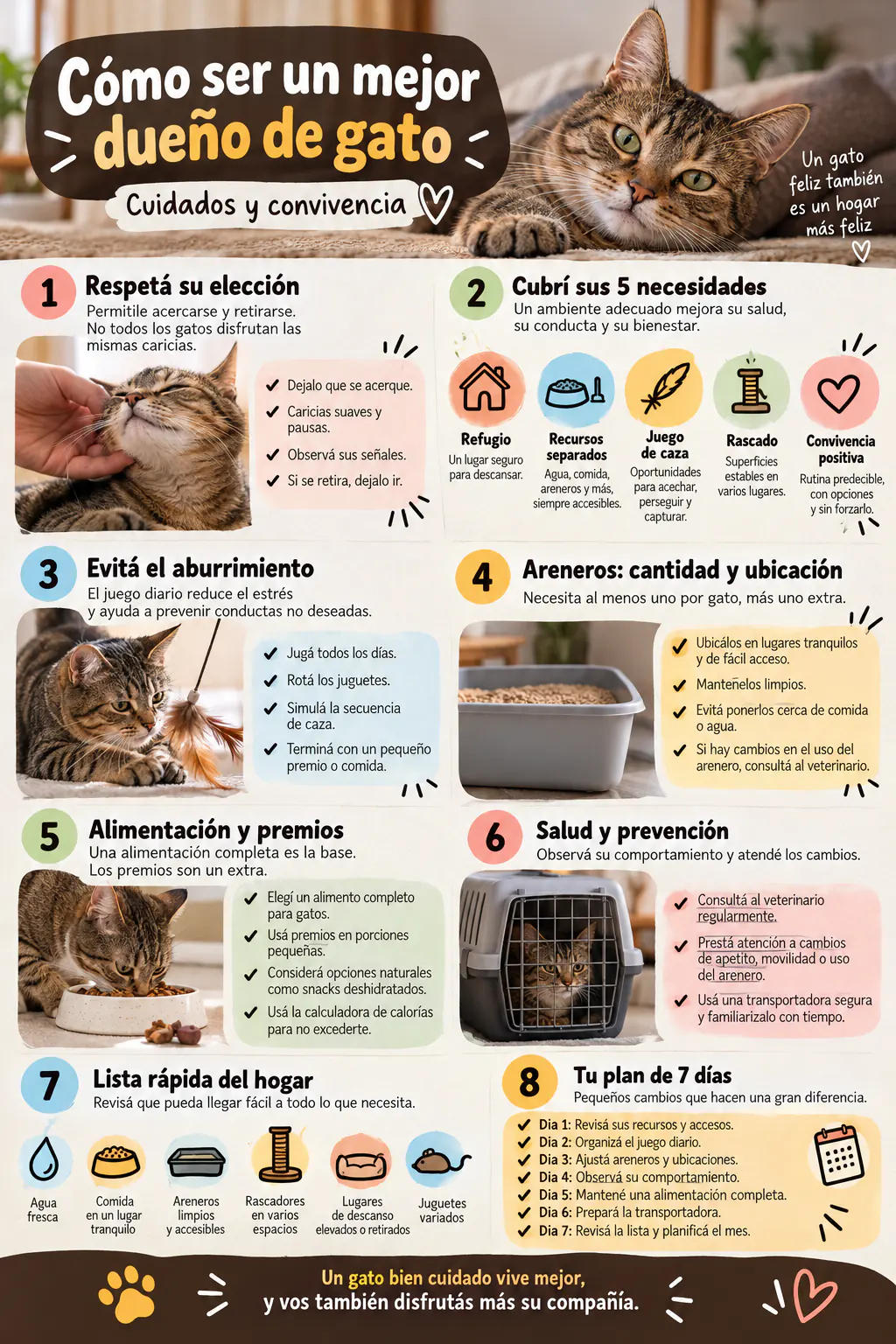 Infografía sobre cómo ser un mejor dueño de gato: respetar su elección, cubrir sus necesidades, ofrecer juego, distribuir areneros, controlar premios, vigilar su salud y seguir un plan de siete días.