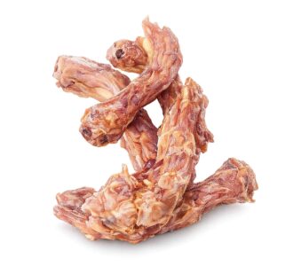 Cuellos de pollo deshidratados para perros y gatos ÑomÑom en Costa Rica, snack natural artesanal de masticación.