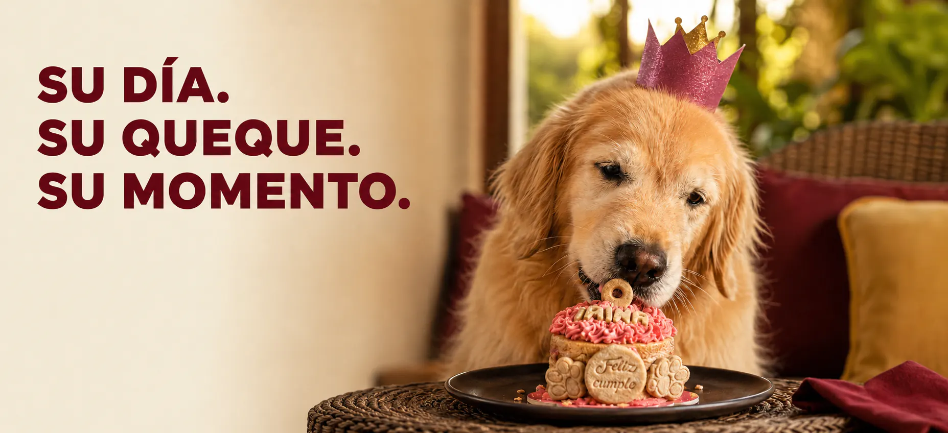 Trina, una golden retriever, disfrutando un queque para mascotas ÑomÑom con el mensaje Su día, su queque, su momento