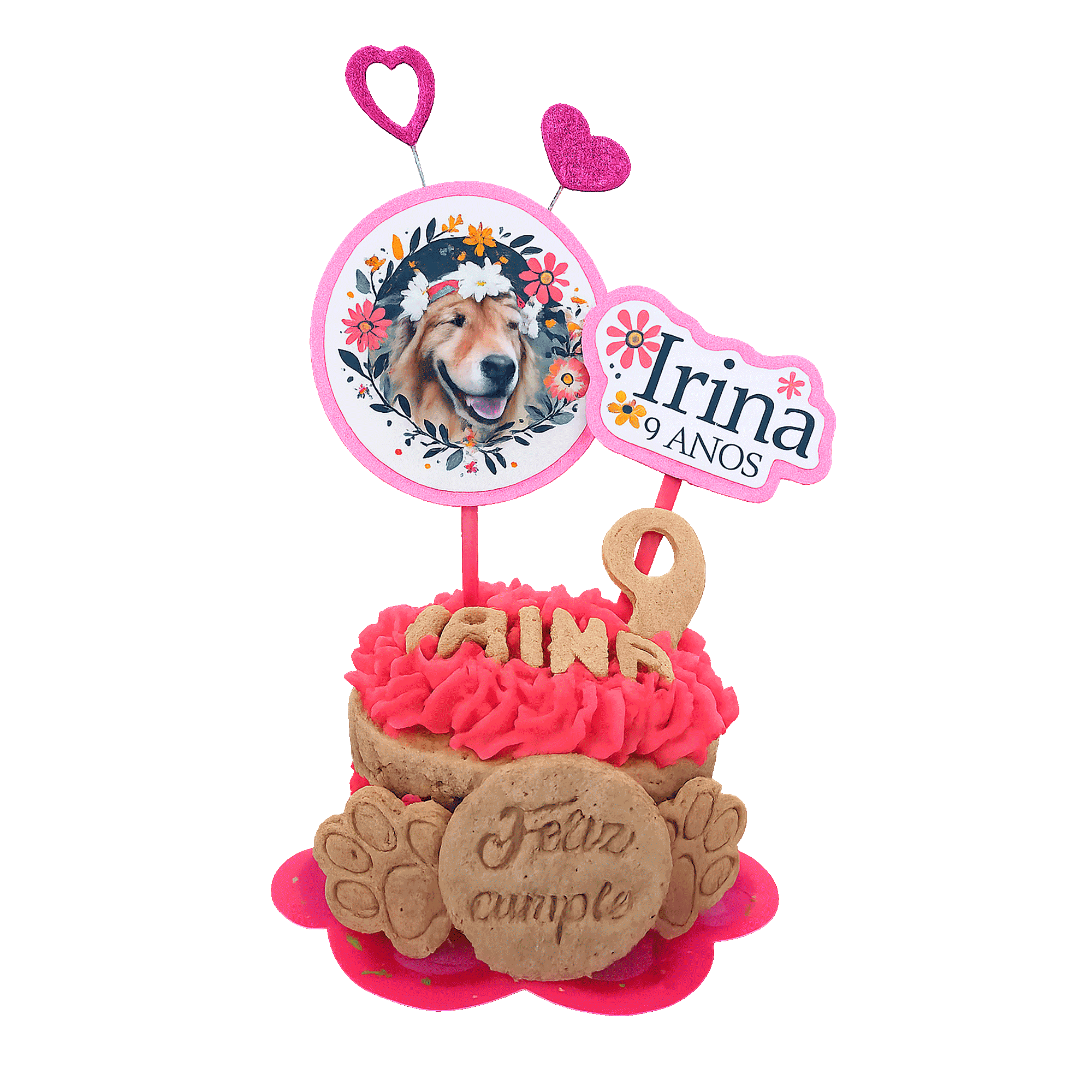 Queque personalizado para perros en Costa Rica con foto de mascota y decoración rosa ÑomÑom