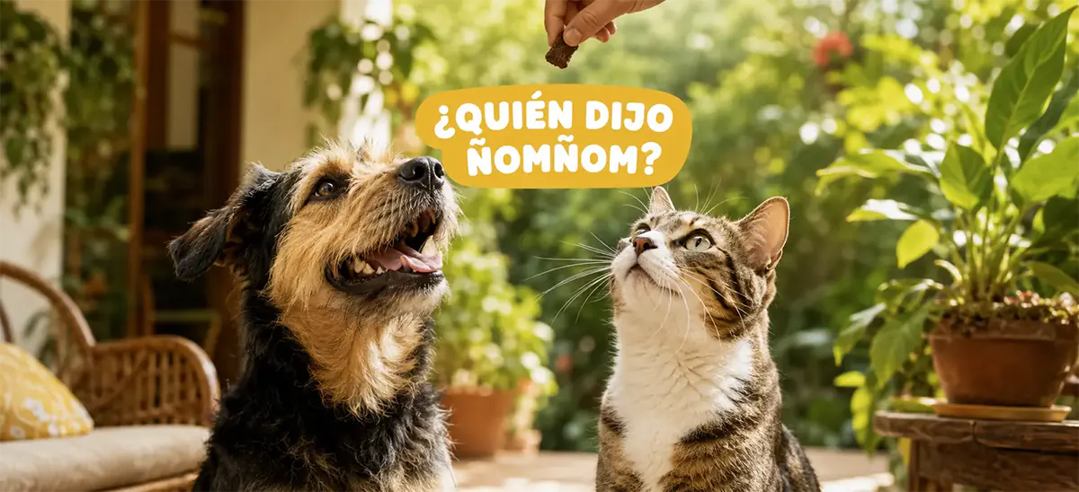 Perro y gato atentos ante la pregunta ¿Quién dijo ÑomÑom?, invitación a descubrir promociones de snacks para mascotas