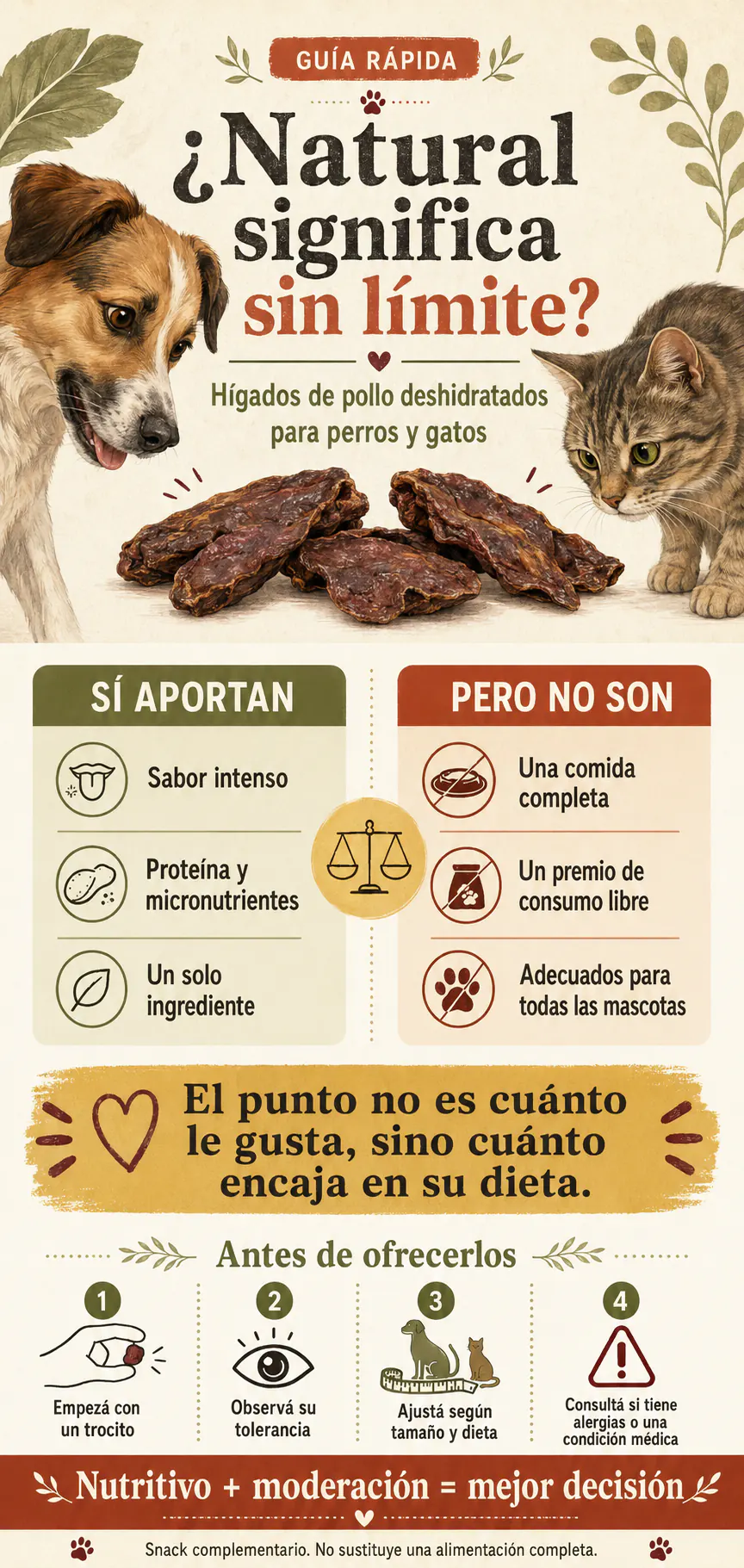 Infografía sobre cómo ofrecer hígados de pollo deshidratados para perros y gatos de forma responsable
