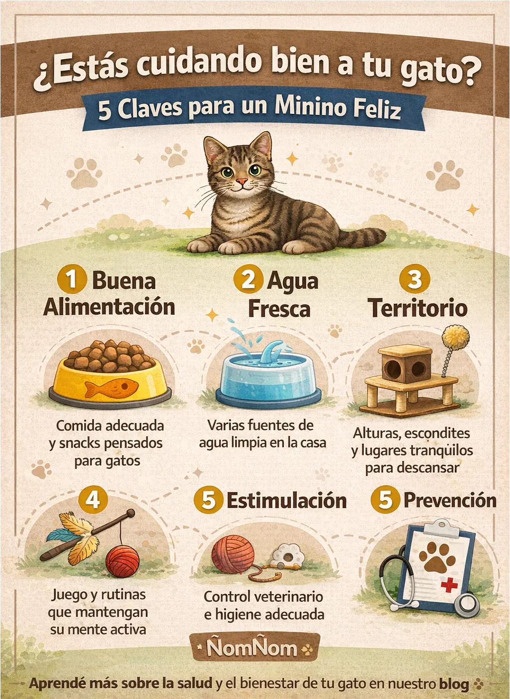 Infografía sobre cómo cuidar mejor a un gato en Costa Rica con 5 claves: alimentación, agua, territorio, estimulación y prevención