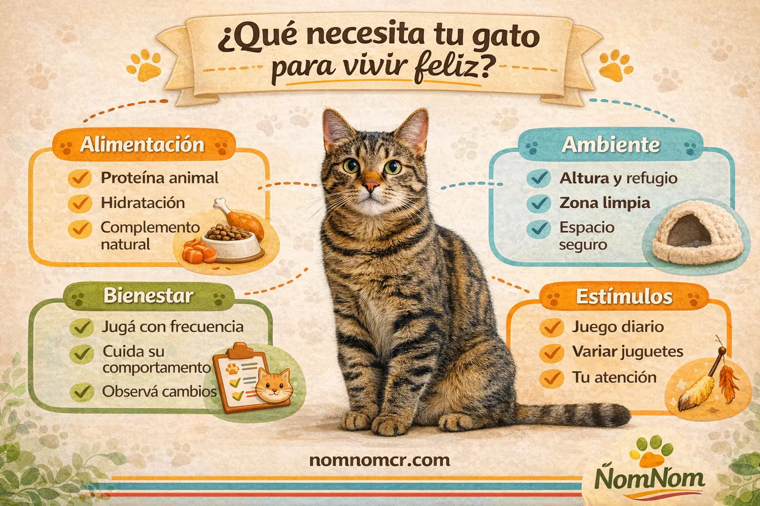 Infográfico sobre qué necesita un gato para vivir bien en Costa Rica: alimentación, ambiente, estímulos y bienestar