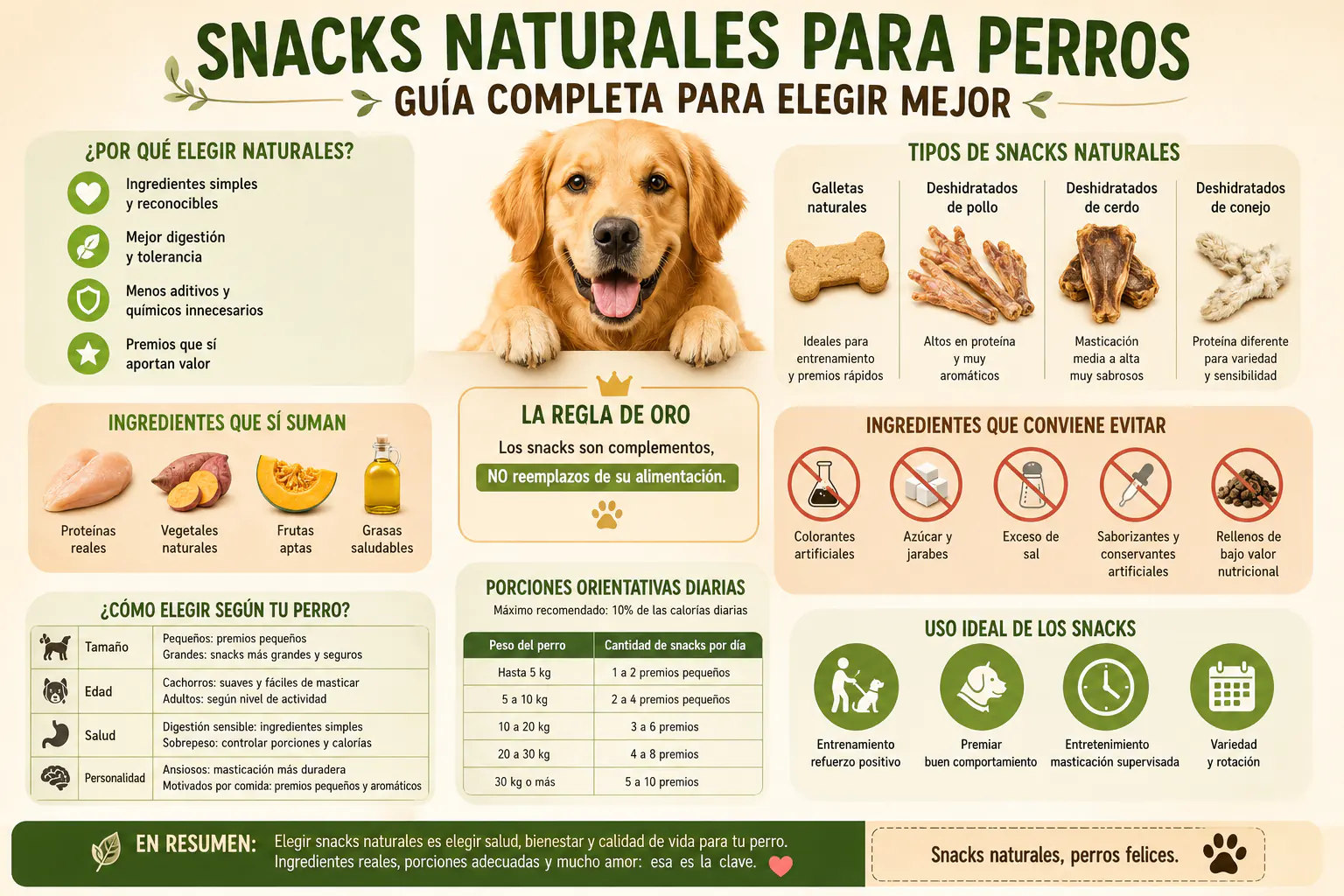 Infografía sobre cómo elegir snacks naturales para perros con tipos de premios, ingredientes recomendados, ingredientes a evitar y porciones orientativas