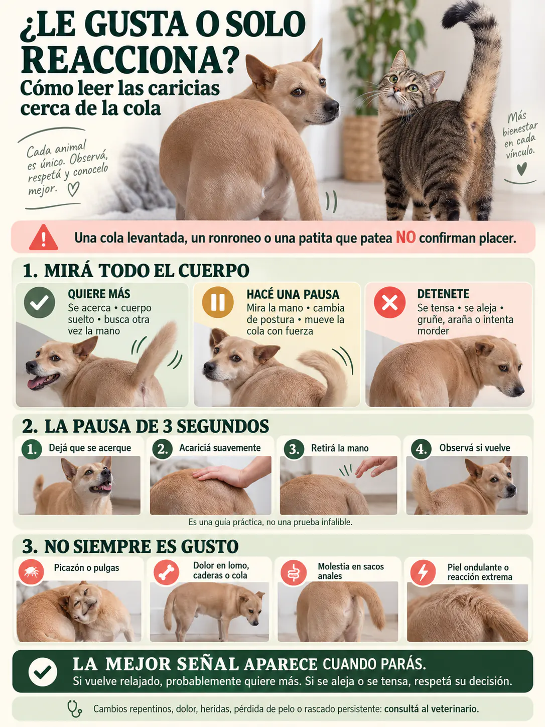 Infografía sobre cómo reconocer si un perro o gato disfruta las caricias cerca de la cola, cuándo hacer una pausa y qué señales requieren atención veterinaria