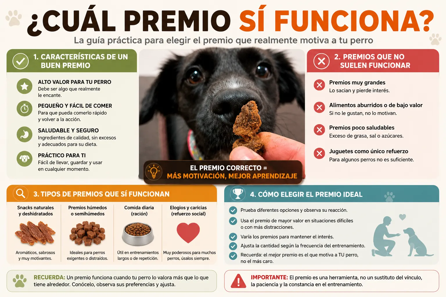 Cómo elegir premios para entrenar perros según su tamaño, facilidad para comer, valor para el perro y nivel de dificultad del entrenamiento