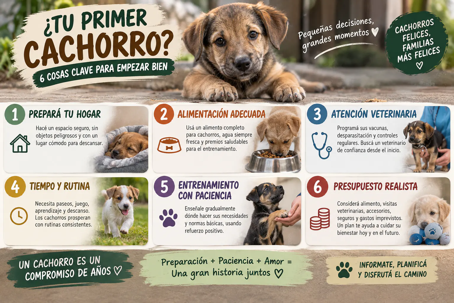 Infografía para personas que tendrán su primer cachorro con seis aspectos clave: preparar el hogar, alimentación, atención veterinaria, rutina, entrenamiento y presupuesto.