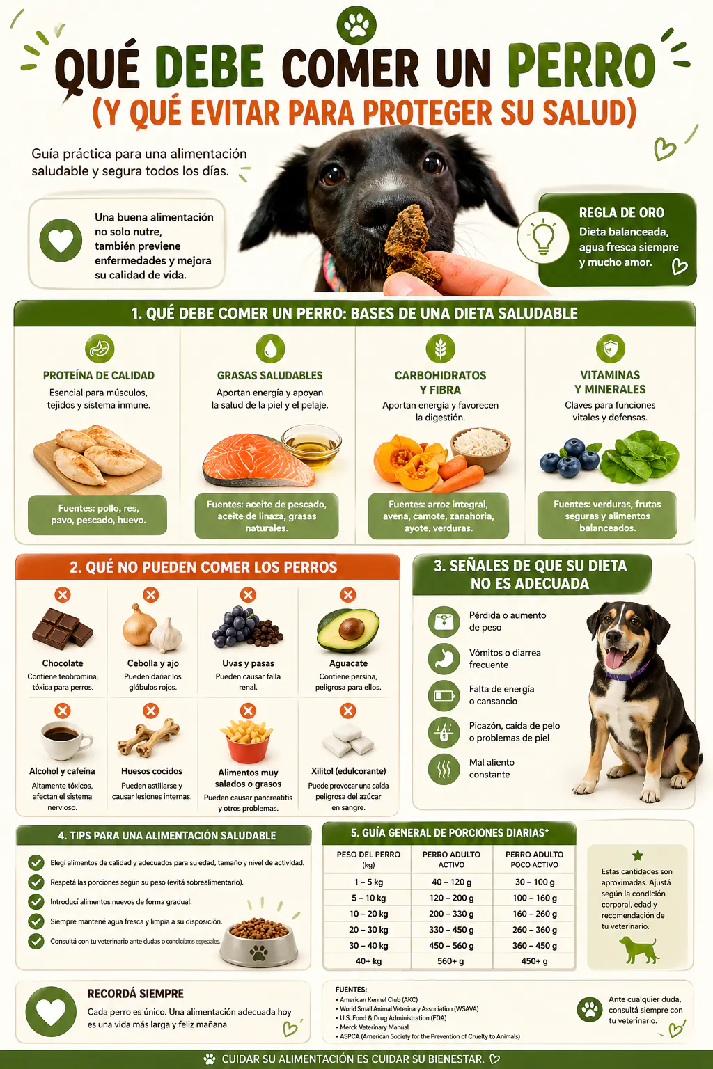 Infográfico sobre qué debe comer un perro y qué alimentos evitar, con nutrientes esenciales, alimentos peligrosos, señales de mala alimentación y tips de cuidado.