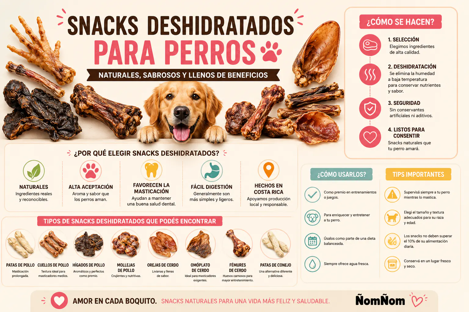 Infografía sobre snacks deshidratados para perros con beneficios, tipos de productos y consejos de uso seguro