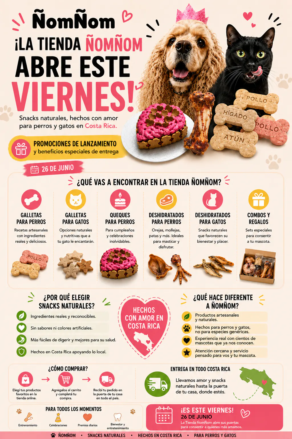 Tienda ÑomÑom abre el 26 de junio con galletas, queques y snacks naturales para perros y gatos en Costa Rica
